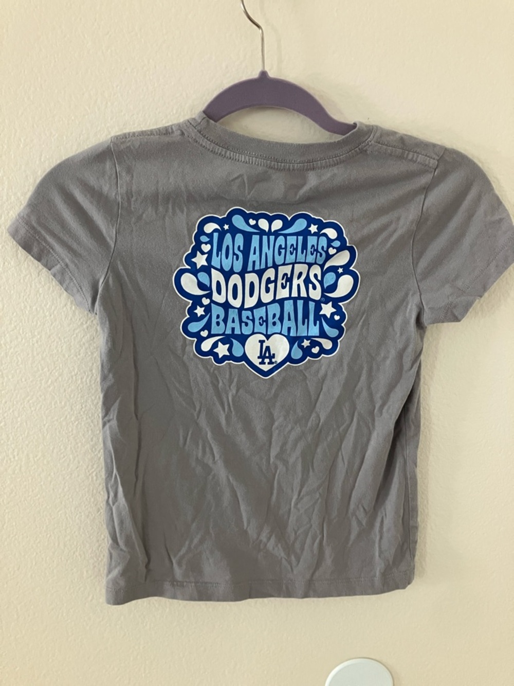 LA Dodgers New Era Kids Gray Tee with White & Blue Heart Logo